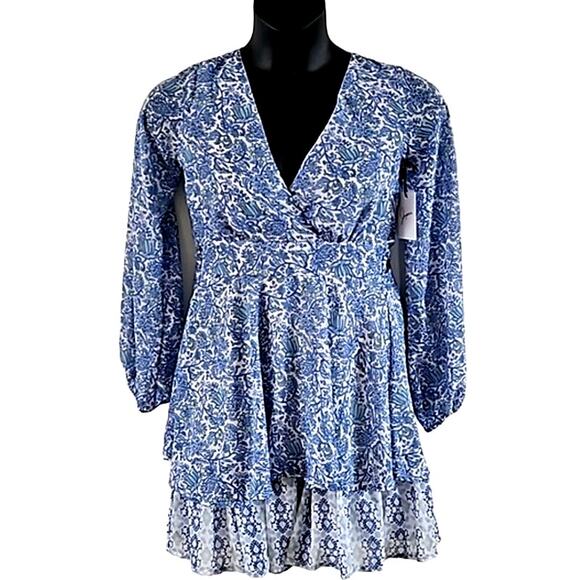 Japna Blue Floral Lace Boho A-Line Tiered Ruffle Hem Mini Dress - Size Small NWT - Picture 2 of 7
